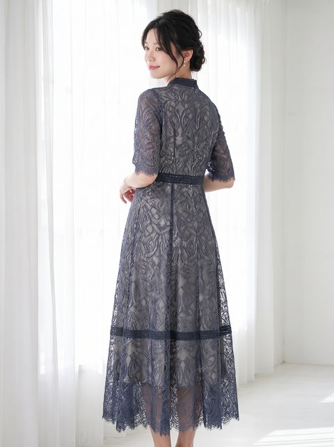 配色レース×ハシゴレース切り替えドレス（ネイビー・ブルー系・Lサイズ）| 名古屋のレンタルドレス24DRESS