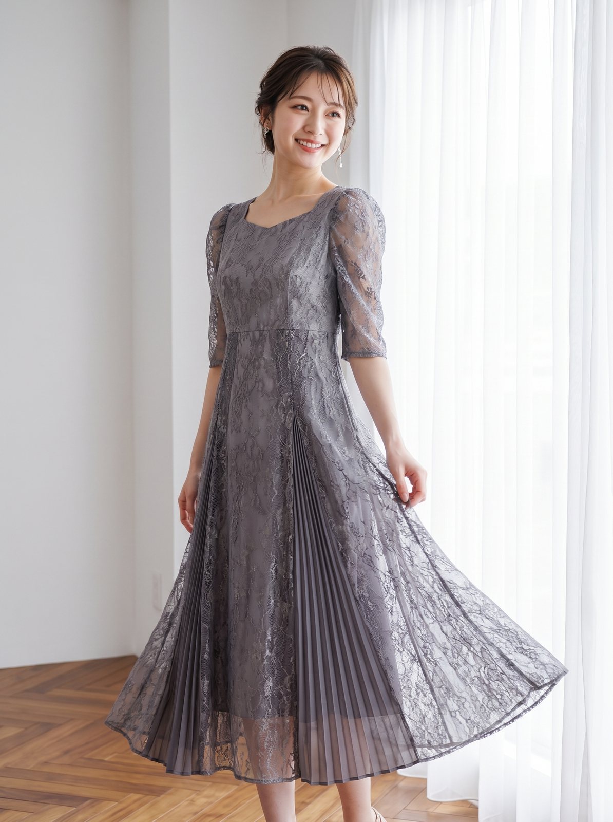 プリーツ切り替え総レースパーティードレス（パープル系・Mサイズ）| 名古屋のレンタルドレス24DRESS