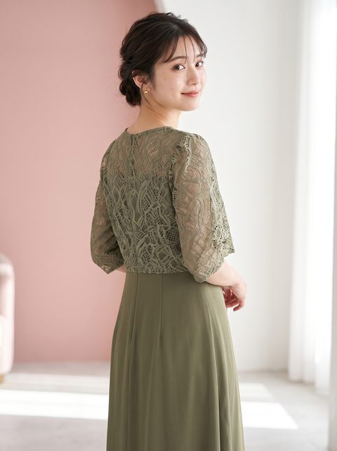レース切り替えパーティードレス（グリーン系・Sサイズ）| 名古屋のレンタルドレス24DRESS