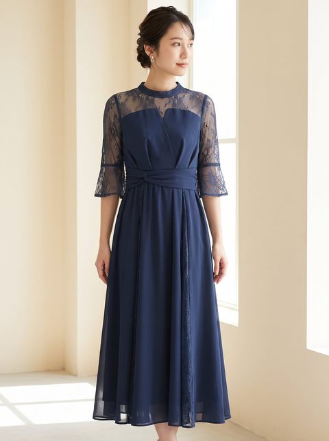 ビスチェ風ハイネックレース結婚式ワンピース（ネイビー・ブルー系・Lサイズ）| 名古屋のレンタルドレス24DRESS