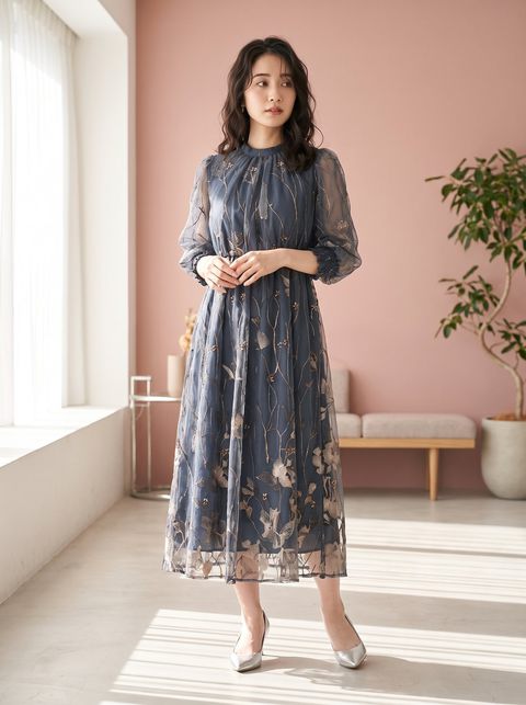 刺繍レースワンピース（ネイビー・ブルー系・Mサイズ）| 名古屋のレンタルドレス24DRESS