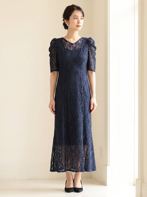 シースルー刺繍レースIラインパーティードレス（ネイビー・ブルー系・Mサイズ）| 名古屋のレンタルドレス24DRESS