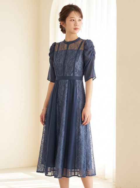 シフォン切り替えレース パーティードレス（ネイビー・ブルー系・Lサイズ）| 名古屋のレンタルドレス24DRESS