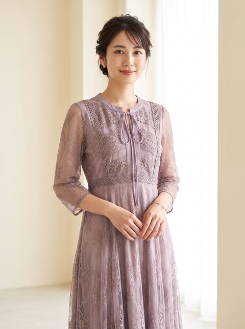 リボンタイ総レース パーティードレス（パープル系・Lサイズ）| 名古屋のレンタルドレス24DRESS