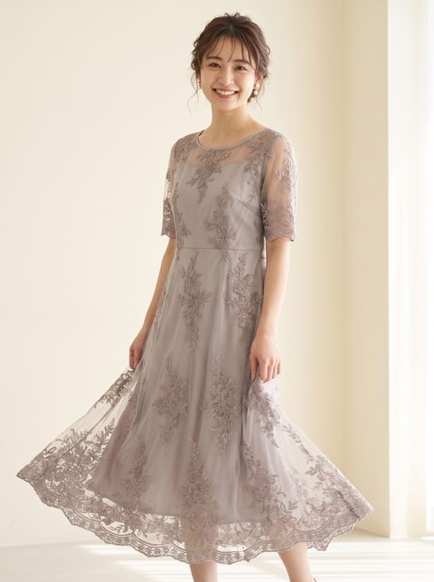 刺繍チュール フレアミディドレス（ホワイト・グレー系・Lサイズ）| 名古屋のレンタルドレス24DRESS