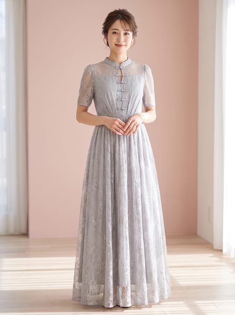 チャイナボタン 総レースロングドレス（ネイビー・ブルー系・Lサイズ）| 名古屋のレンタルドレス24DRESS