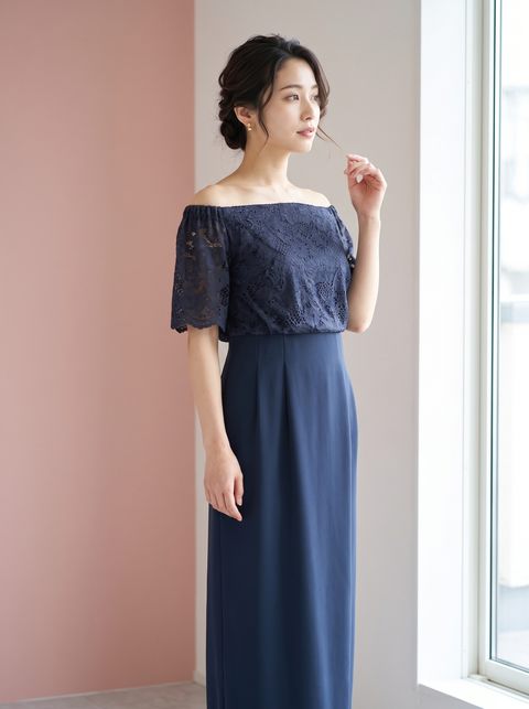オフショルダーレース セットアップ風ドレス（ネイビー・ブルー系・Lサイズ）| 名古屋のレンタルドレス24DRESS