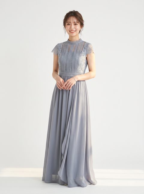 クロシェレース シフォンロングドレス（ネイビー・ブルー系・Sサイズ）| 名古屋のレンタルドレス24DRESS