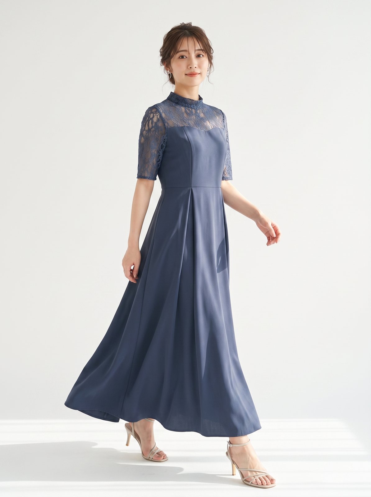 スタンドカラーレース タックフレアドレス(ネイビー・ブルー系・Lサイズ)| 名古屋のレンタルドレス24DRESS