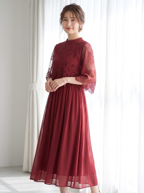 レースブラウス風 シフォンロングドレス（レッド・ピンク系・Sサイズ）| 名古屋のレンタルドレス24DRESS