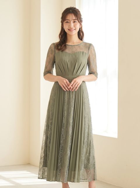 レース切り替え プリーツミディドレス（グリーン系・Lサイズ）| 名古屋のレンタルドレス24DRESS