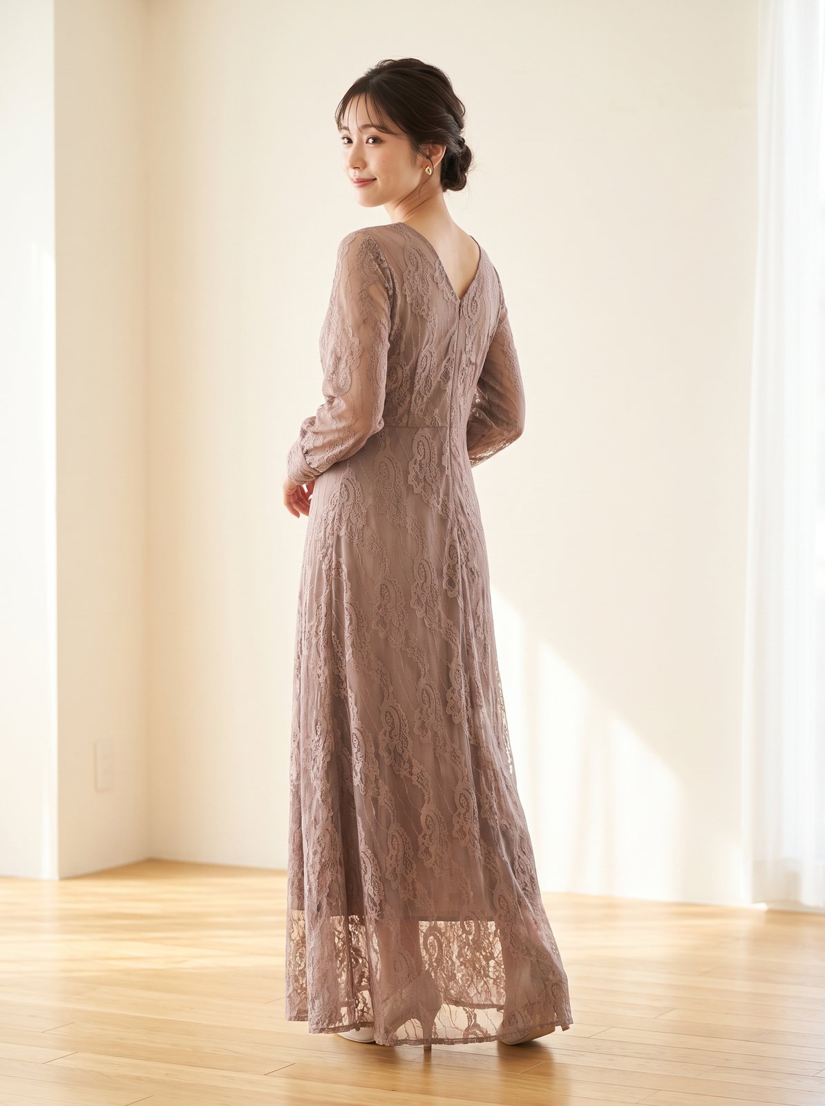 総レース 長袖ロングパーティードレス（レッド・ピンク系・Lサイズ）| 名古屋のレンタルドレス24DRESS
