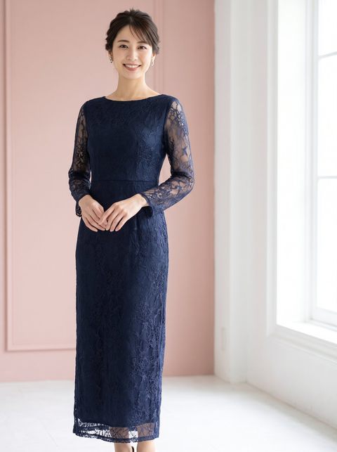 総レース タイトミディパーティードレス（ネイビー・ブルー系・Sサイズ）| 名古屋のレンタルドレス24DRESS