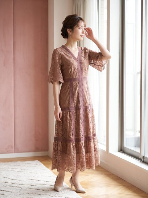 配色レース ティアードパーティードレス（レッド・ピンク系・Sサイズ）| 名古屋のレンタルドレス24DRESS