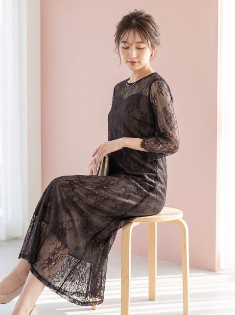 総レース Iラインパーティードレス（レッド・ピンク系・Sサイズ）| 名古屋のレンタルドレス24DRESS