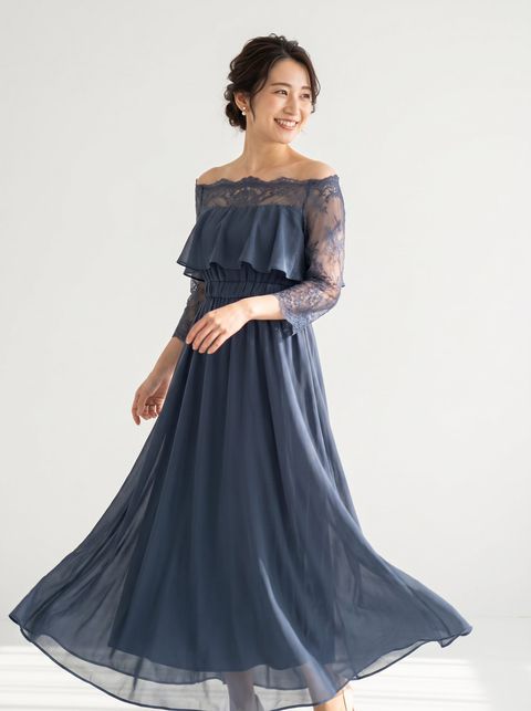 オフショルダー風レース シフォンドレス（ネイビー・ブルー系・Sサイズ）| 名古屋のレンタルドレス24DRESS