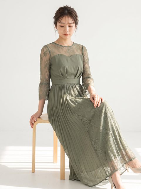 レース切り替え プリーツロングドレス（グリーン系・Sサイズ）| 名古屋のレンタルドレス24DRESS
