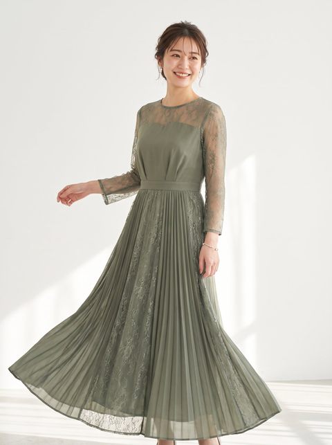 シアースリーブ プリーツロングドレス（グリーン系・XLサイズ）| 名古屋のレンタルドレス24DRESS