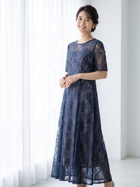 総レースワンピース・パーティードレス（ネイビー・ブルー系・Lサイズ）| 名古屋のレンタルドレス24DRESS