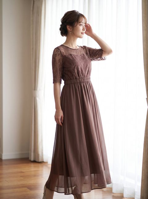 レースビスチェ風 シフォンロングドレス（レッド・ピンク系・Sサイズ）| 名古屋のレンタルドレス24DRESS