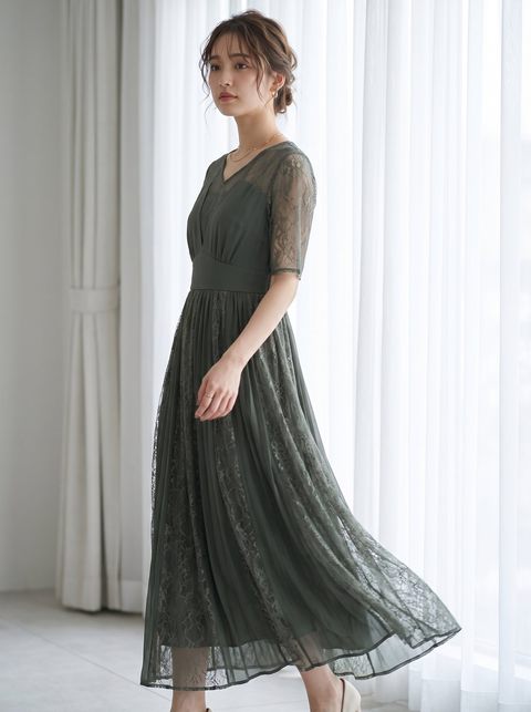 シフォン切り替えレース パーティードレス（グリーン系・Mサイズ）| 名古屋のレンタルドレス24DRESS