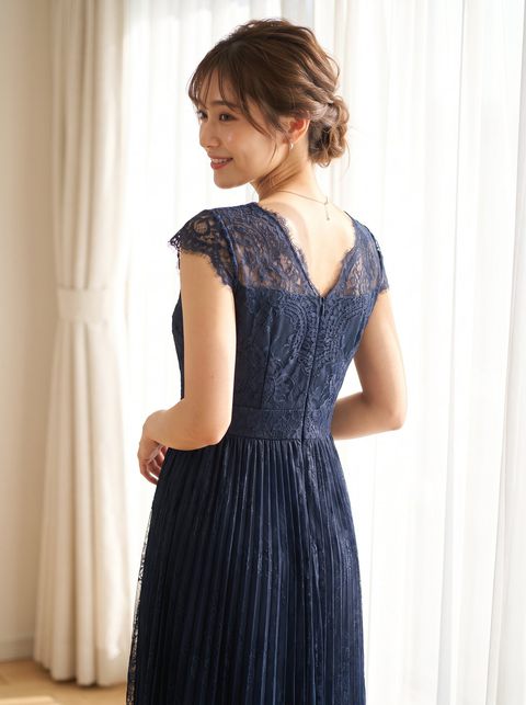 肩レース プリーツパーティードレス（ネイビー・ブルー系・XLサイズ）| 名古屋のレンタルドレス24DRESS